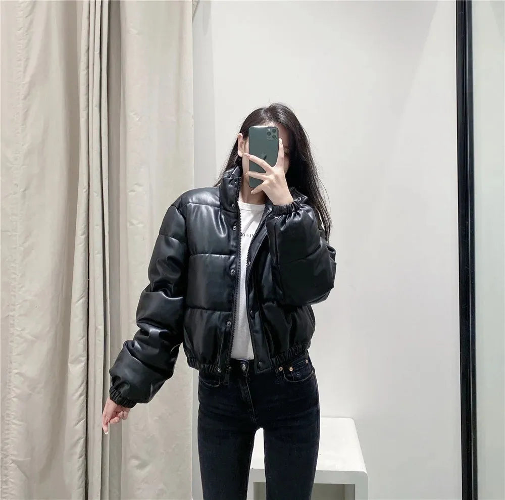 Veste en cuir décontractée unie rembourrée de coton avec col montant.
