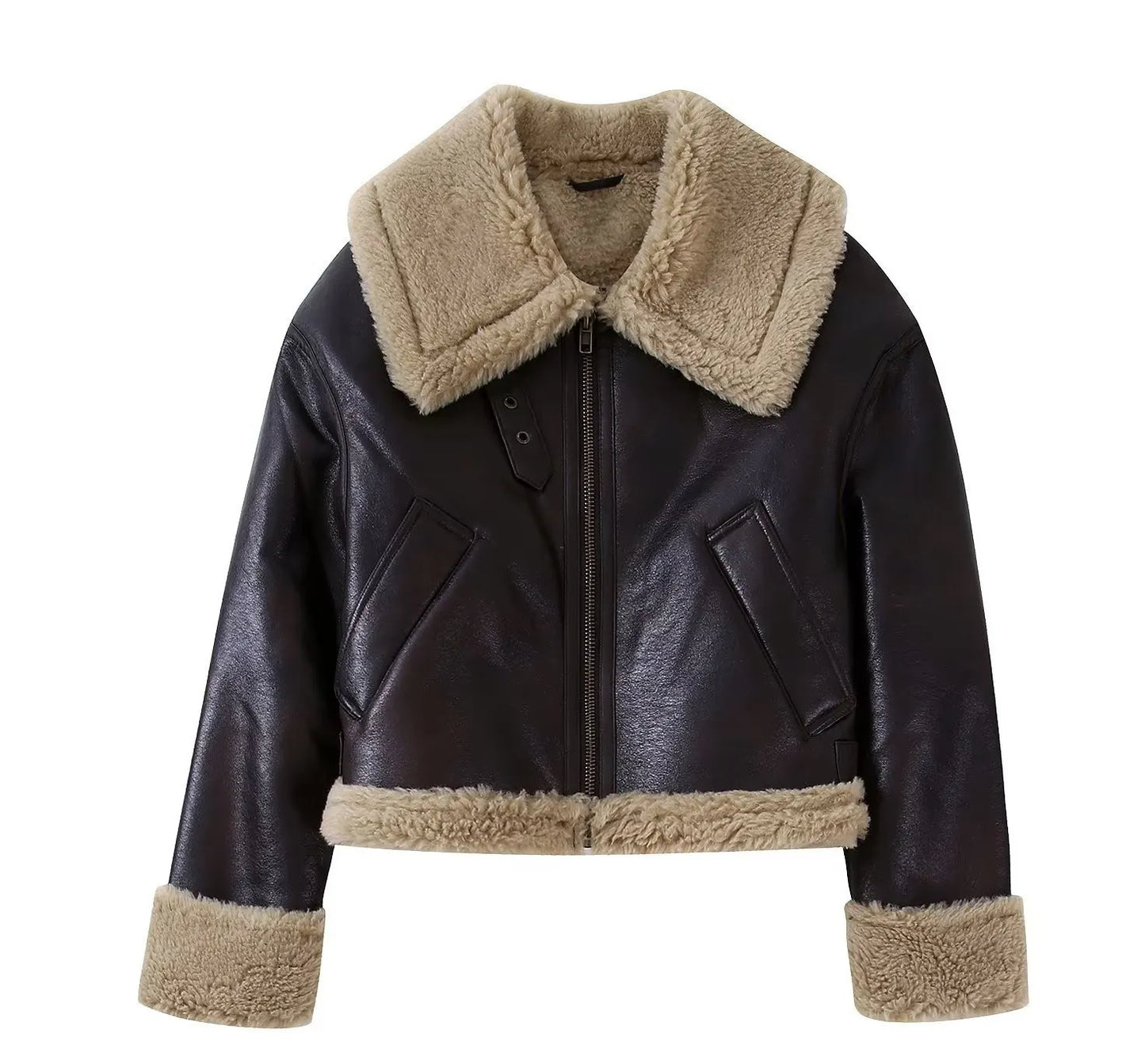 Veste à Col Relevé en Fourrure Double-Face, Unie, pour Femmes, pour l'Automne et l'Hiver