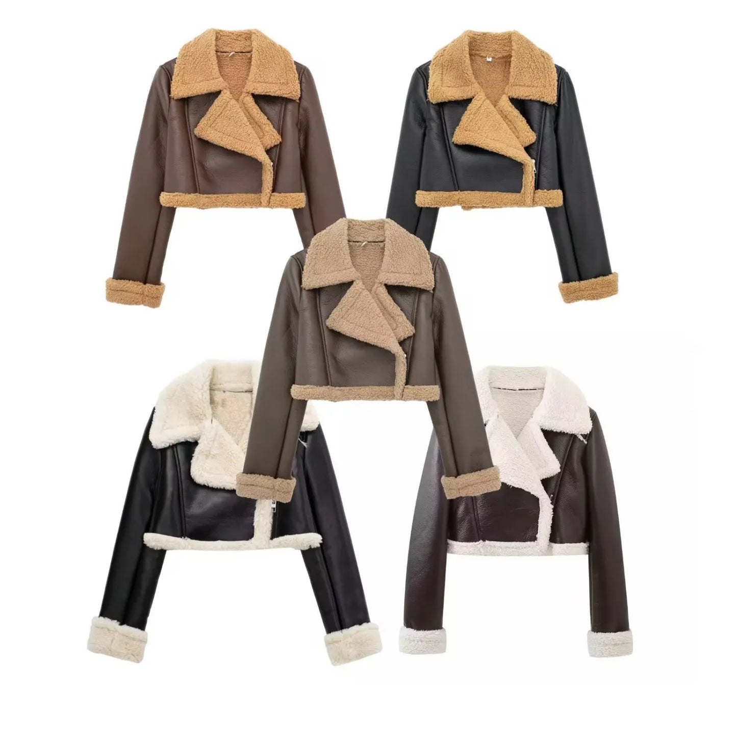Manteau court d'hiver pour femmes en laine d'agneau avec col rabattu et similicuir, style PU