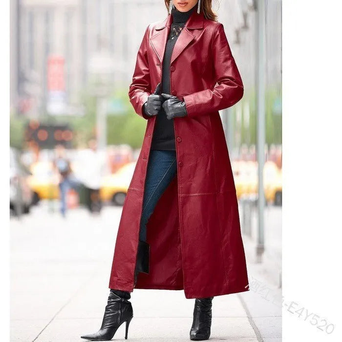 Veste en cuir pour femme à boutons, grande taille, coupe ajustée, manteau trench en cuir.