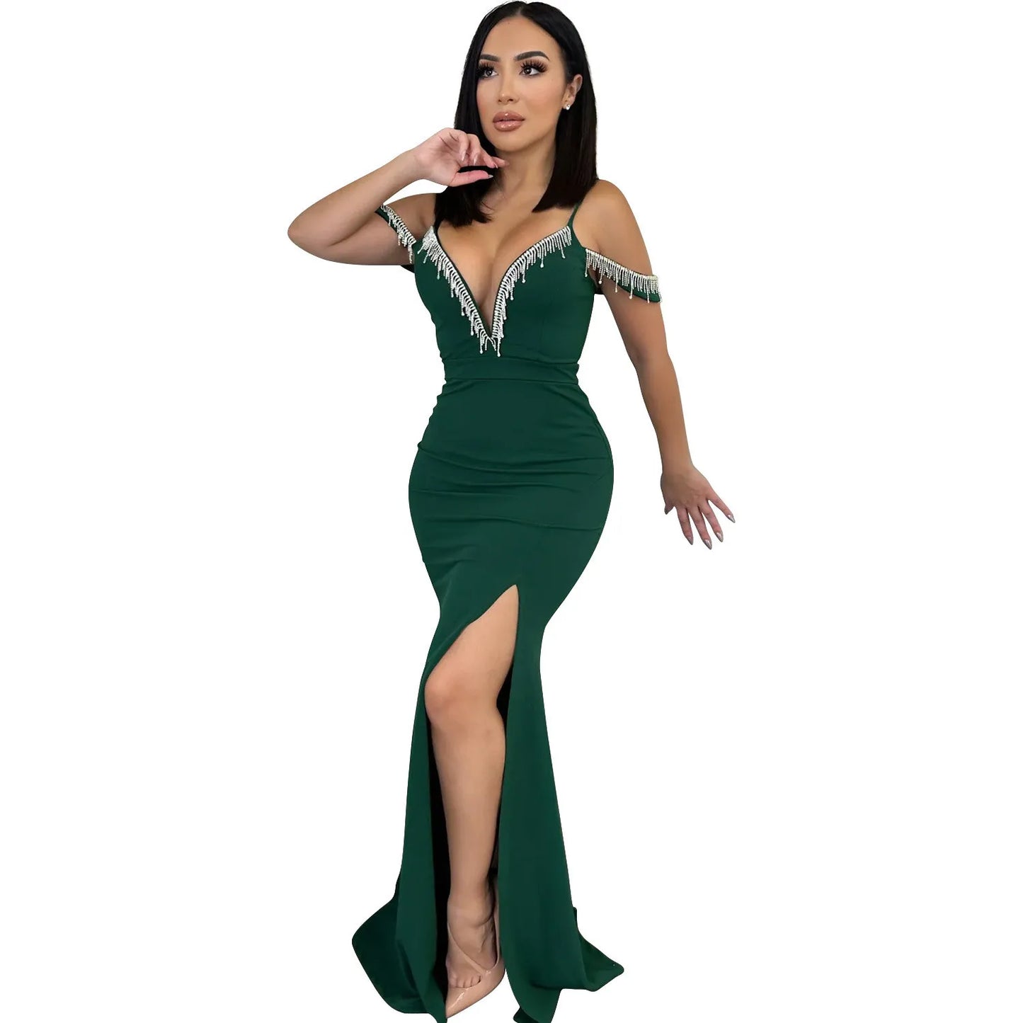 Robe longue à bretelles avec franges unies pour femme