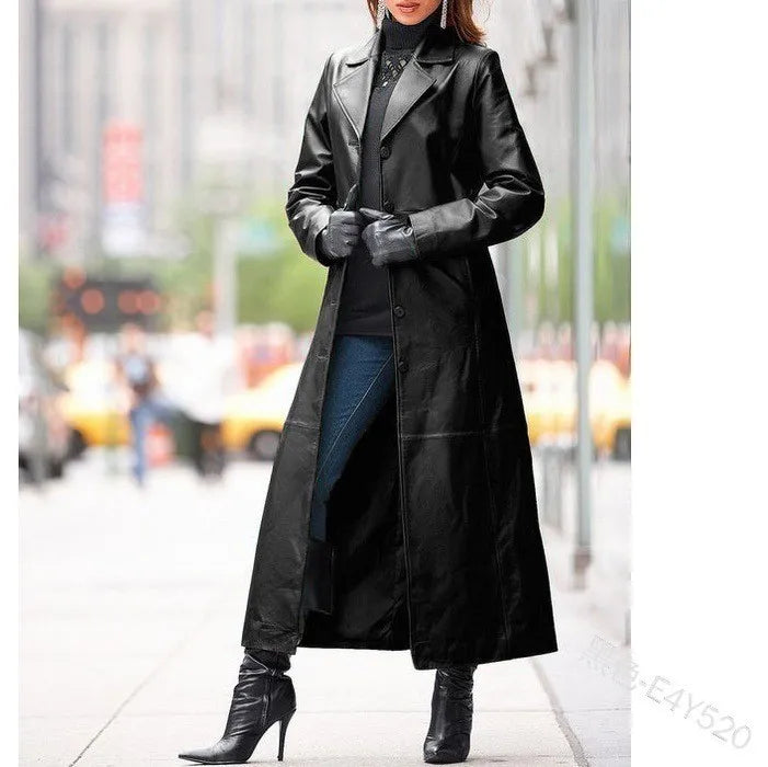 Veste en cuir pour femme à boutons, grande taille, coupe ajustée, manteau trench en cuir.