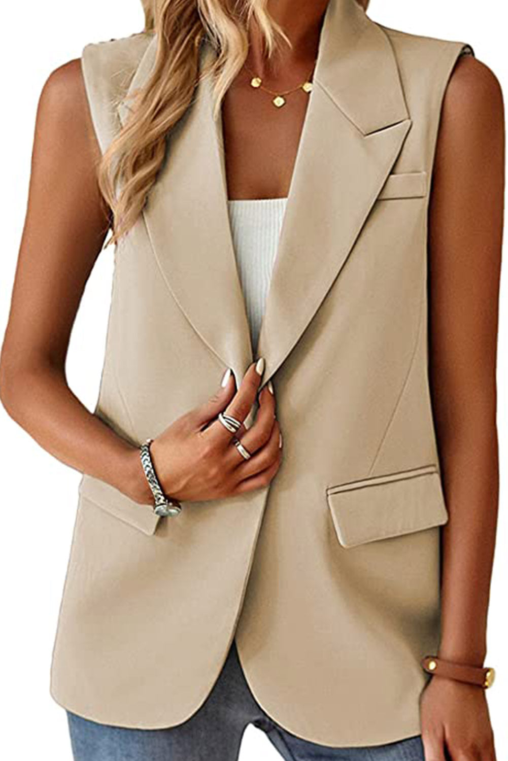 Veste blazer abricot à col à revers, poches et bouton unique