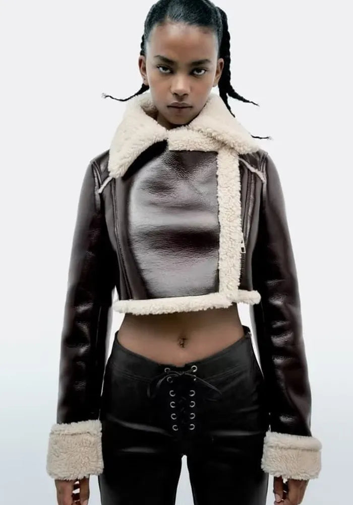 Manteau court d'hiver pour femmes en laine d'agneau avec col rabattu et similicuir, style PU