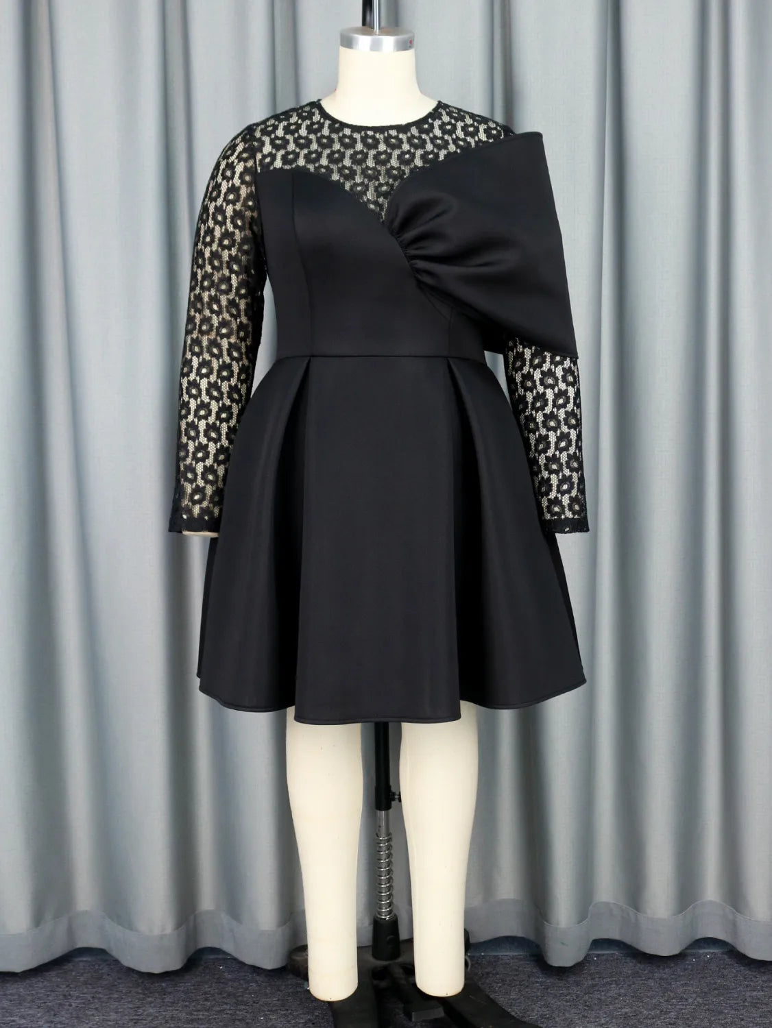 Robe Formelle Chic de Printemps à Manches Longues en Dentelle et Col Rond