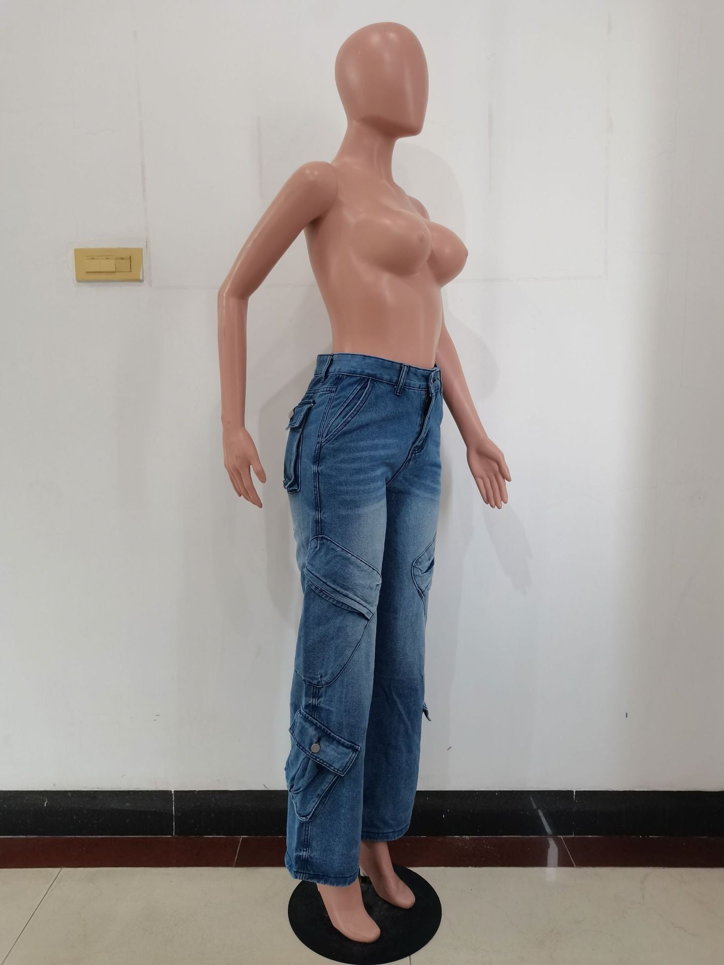 Pantalon en Denim Droit pour Femme avec Poches