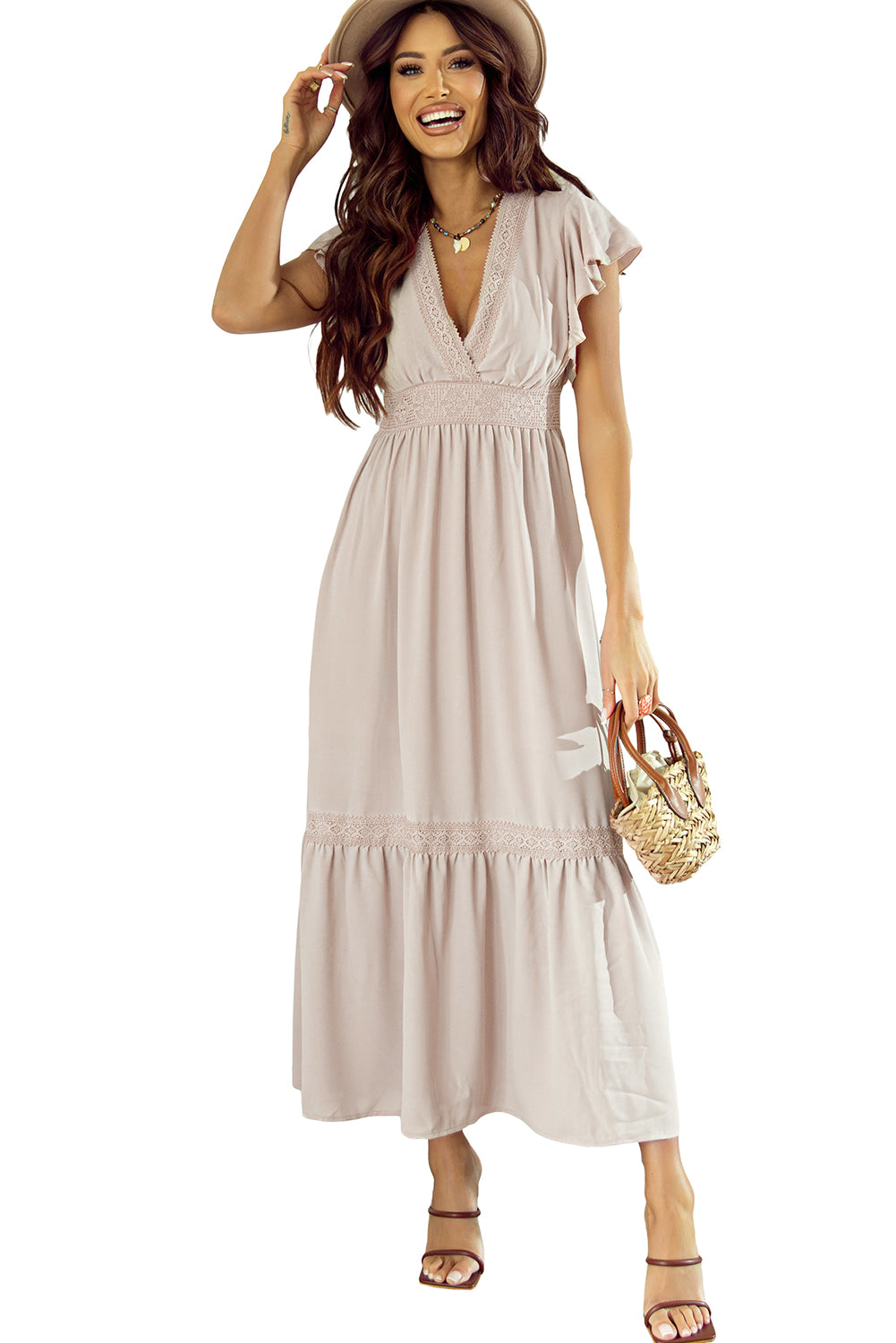 Oatmeal Lace V Neck Ruffled Sleeve Empire Waist Dress