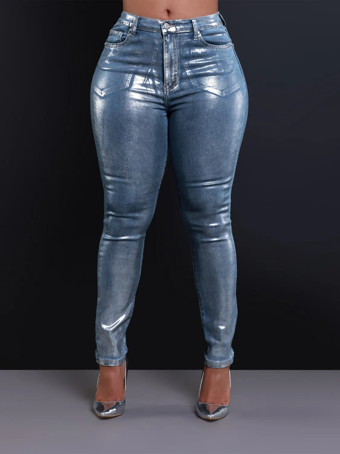 Pantalon en Denim Stretch Argenté Brillant