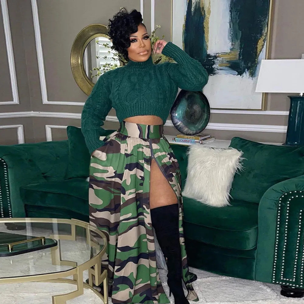 Jupe décontractée pour femmes avec imprimé camouflage et fermeture éclair.