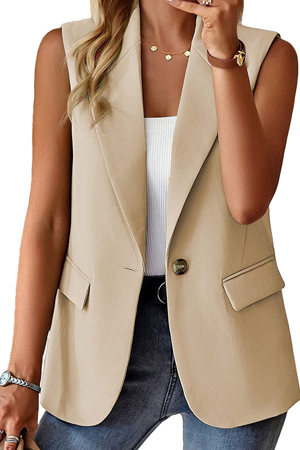 Veste blazer abricot à col à revers, poches et bouton unique