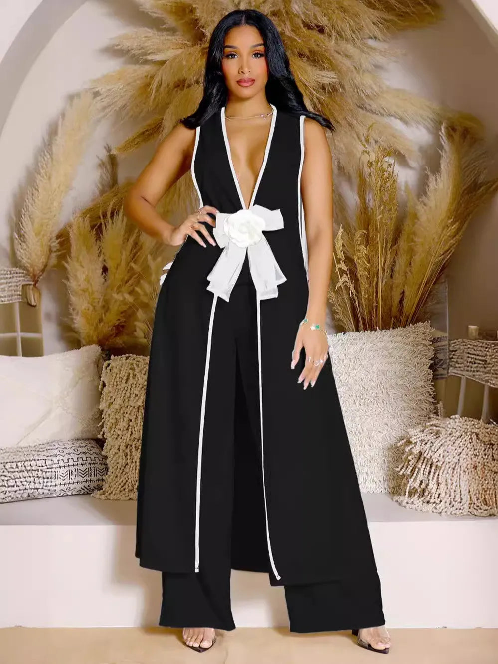 Ensemble deux pièces pour femmes : robe sexy sans manches avec nœud et pantalon large