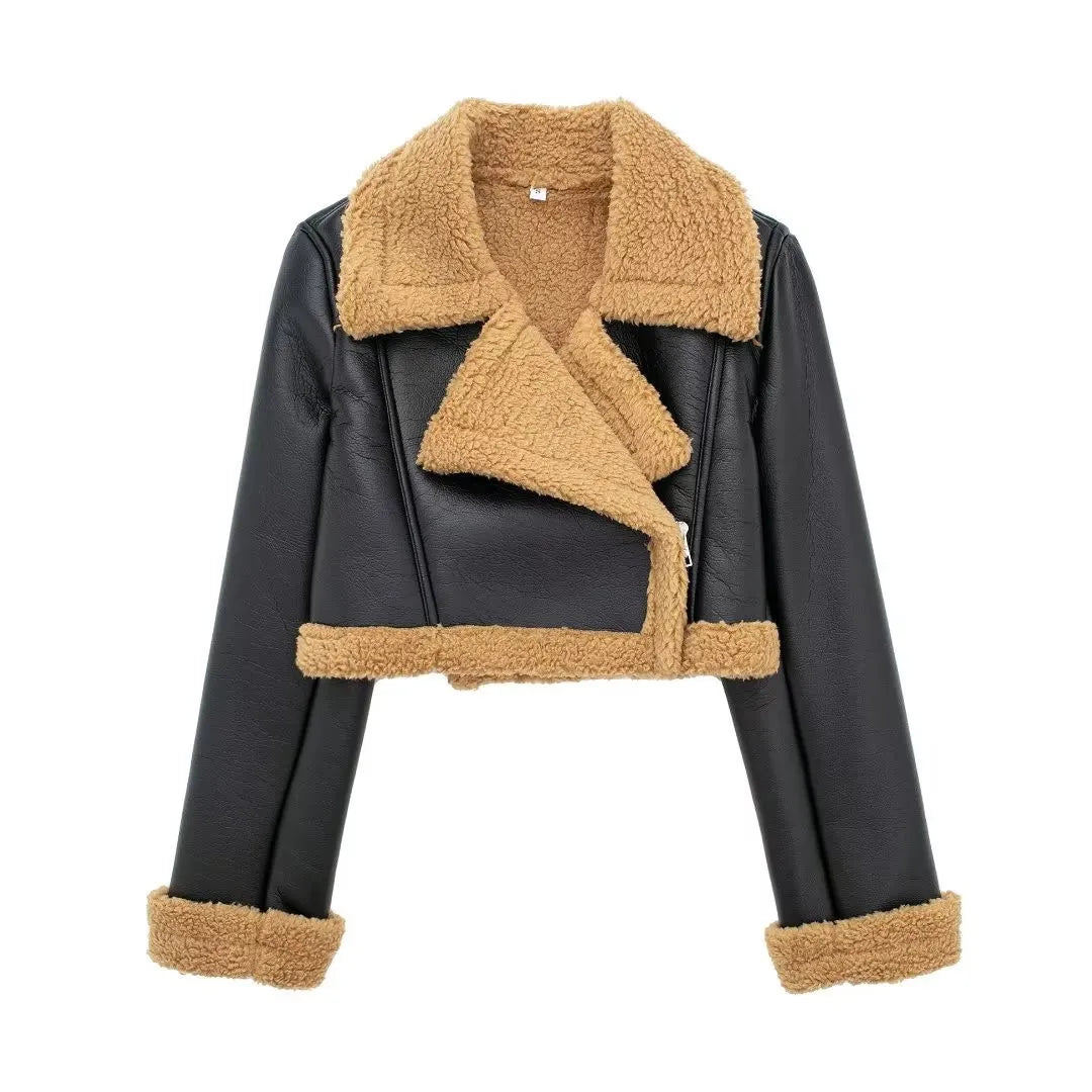 Manteau court d'hiver pour femmes en laine d'agneau avec col rabattu et similicuir, style PU