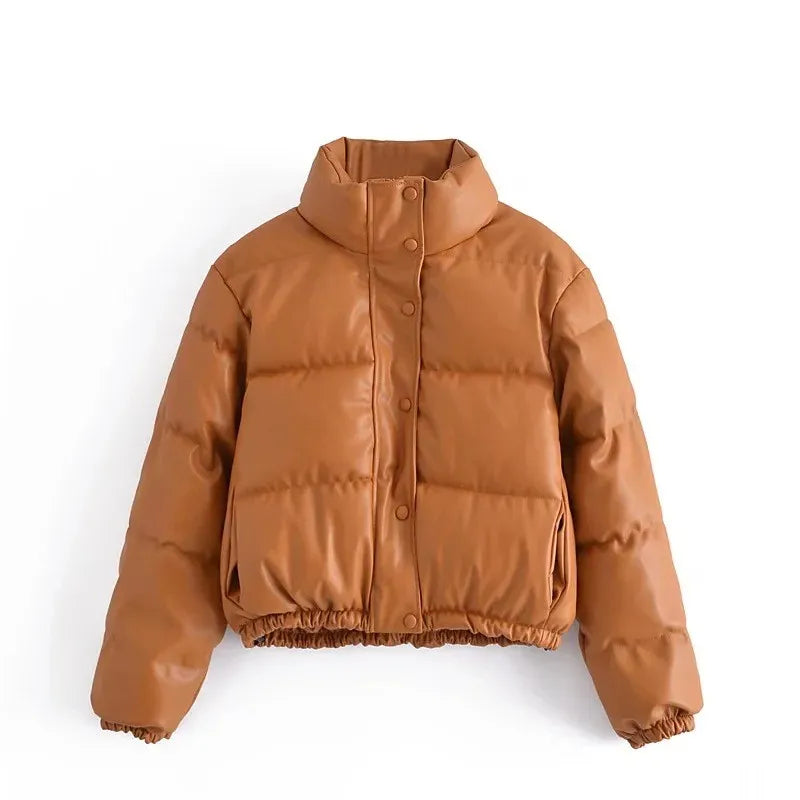 Veste en cuir décontractée unie rembourrée de coton avec col montant.