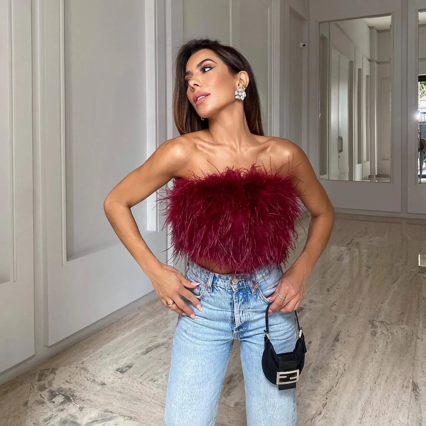 Crop Top Sans Bretelles Duveteux