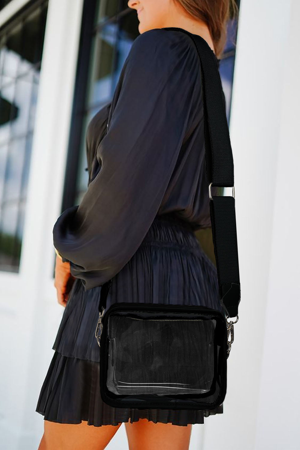 Sac bandoulière noir en PVC transparent avec sangle en cuir