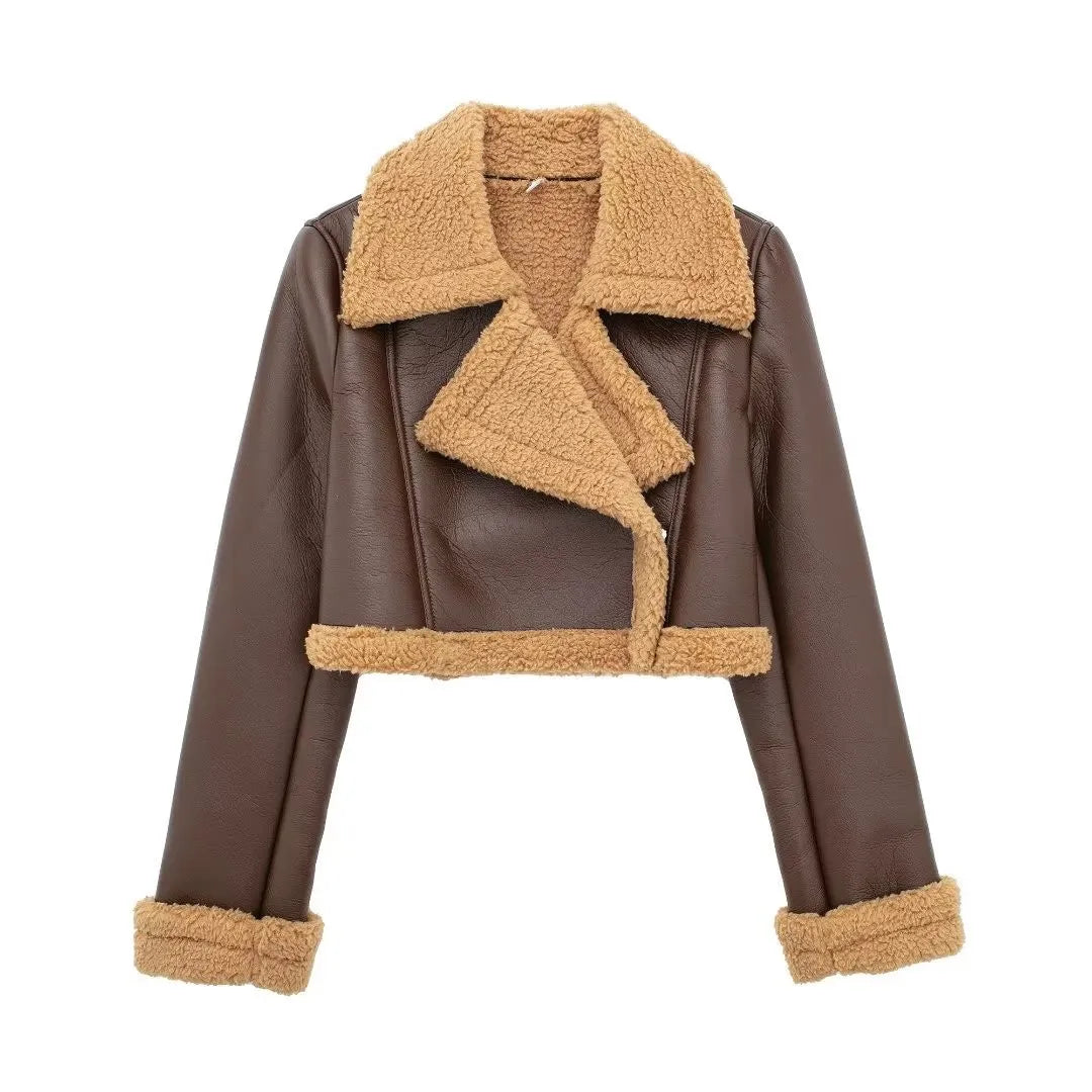Manteau court d'hiver pour femmes en laine d'agneau avec col rabattu et similicuir, style PU
