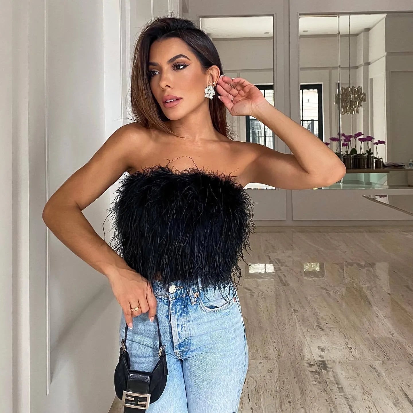 Crop Top Sans Bretelles Duveteux