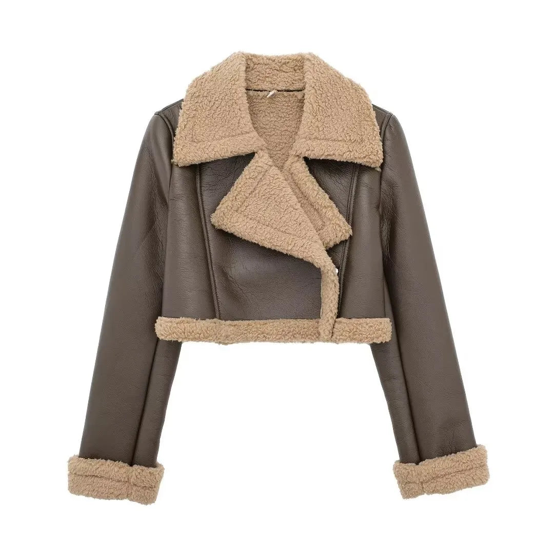 Manteau court d'hiver pour femmes en laine d'agneau avec col rabattu et similicuir, style PU