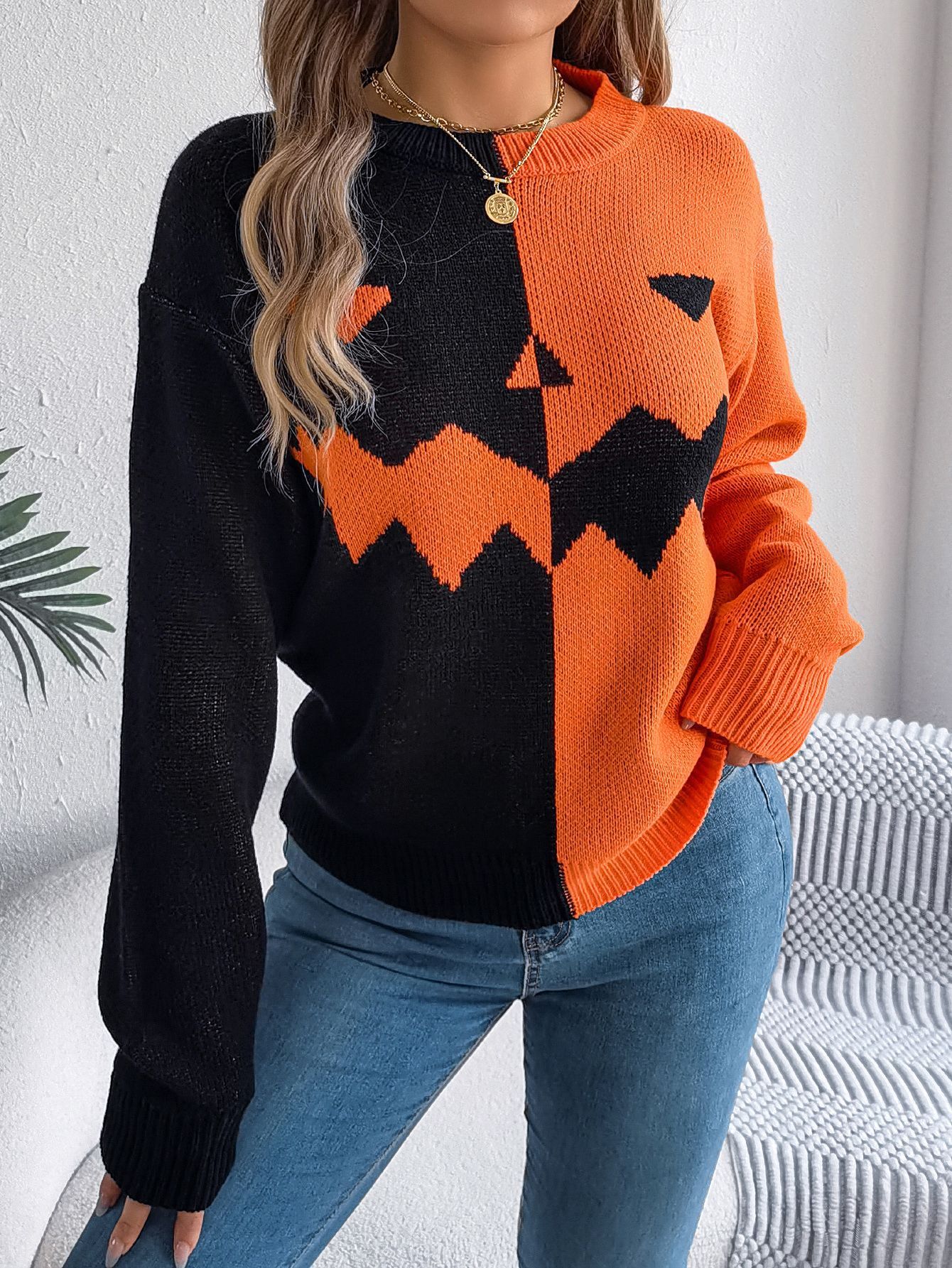 Pull à manches longues mode, pull à couleurs contrastées Halloween