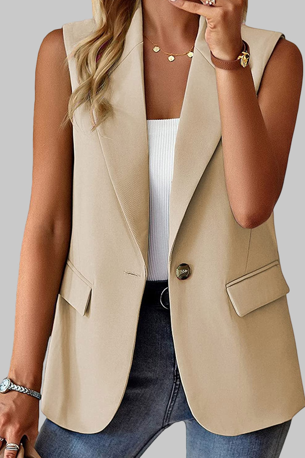 Veste blazer abricot à col à revers, poches et bouton unique