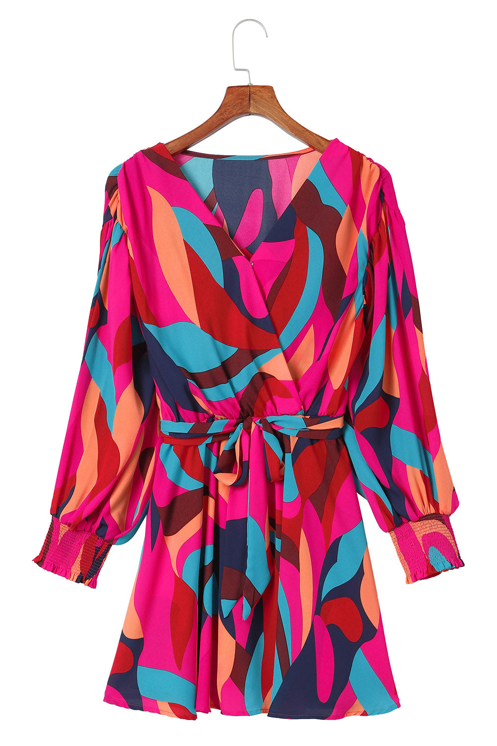 Robe mini rouge feu à imprimé abstrait, ceinturée et à manches bouffantes