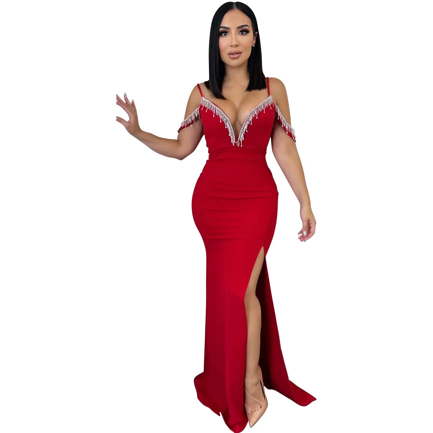 Robe longue à bretelles avec franges unies pour femme
