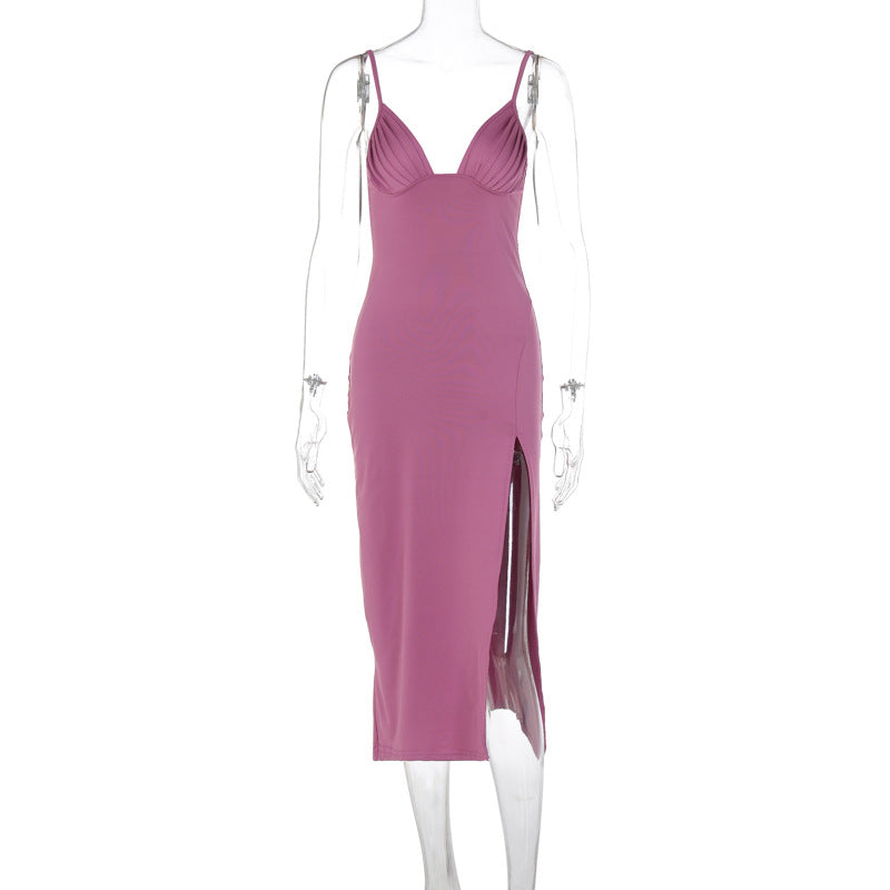 Robe dos nu plissée à encolure en V, élégante et à la mode pour femmes