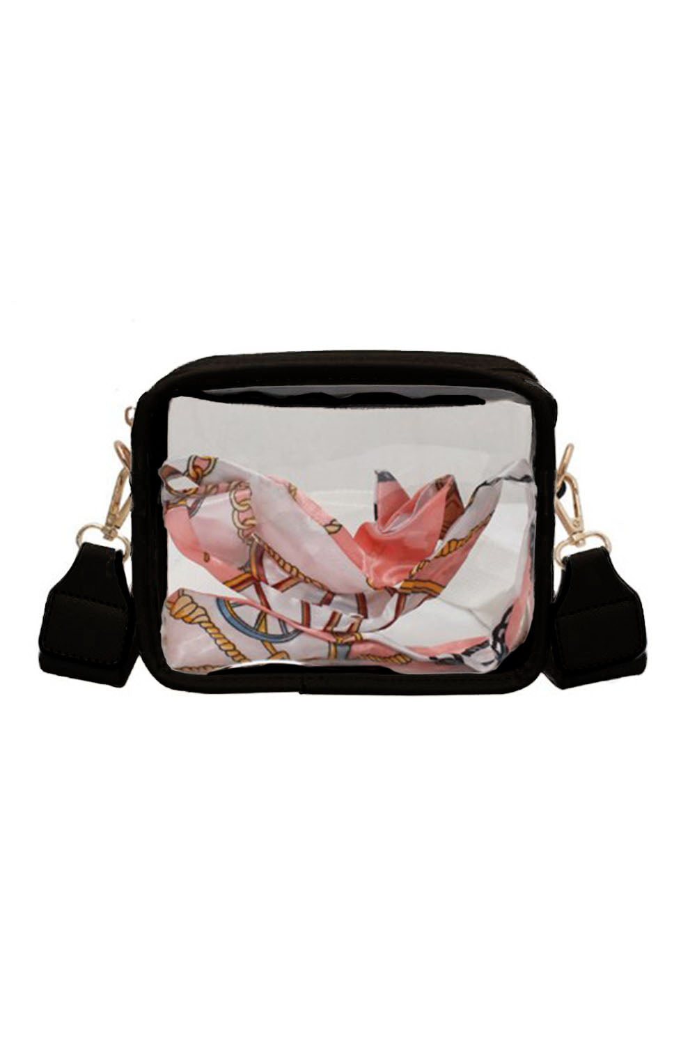 Sac bandoulière noir en PVC transparent avec sangle en cuir