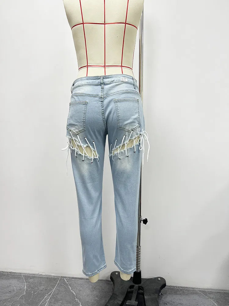 Pantalon en denim avec détails lacés