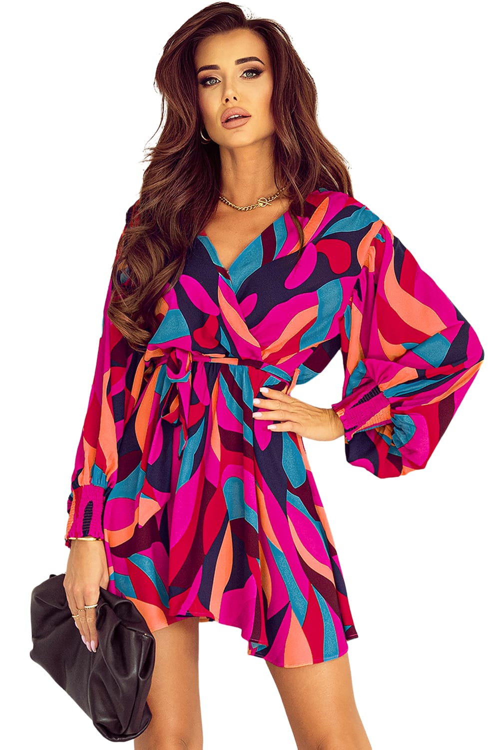 Robe mini rouge feu à imprimé abstrait, ceinturée et à manches bouffantes