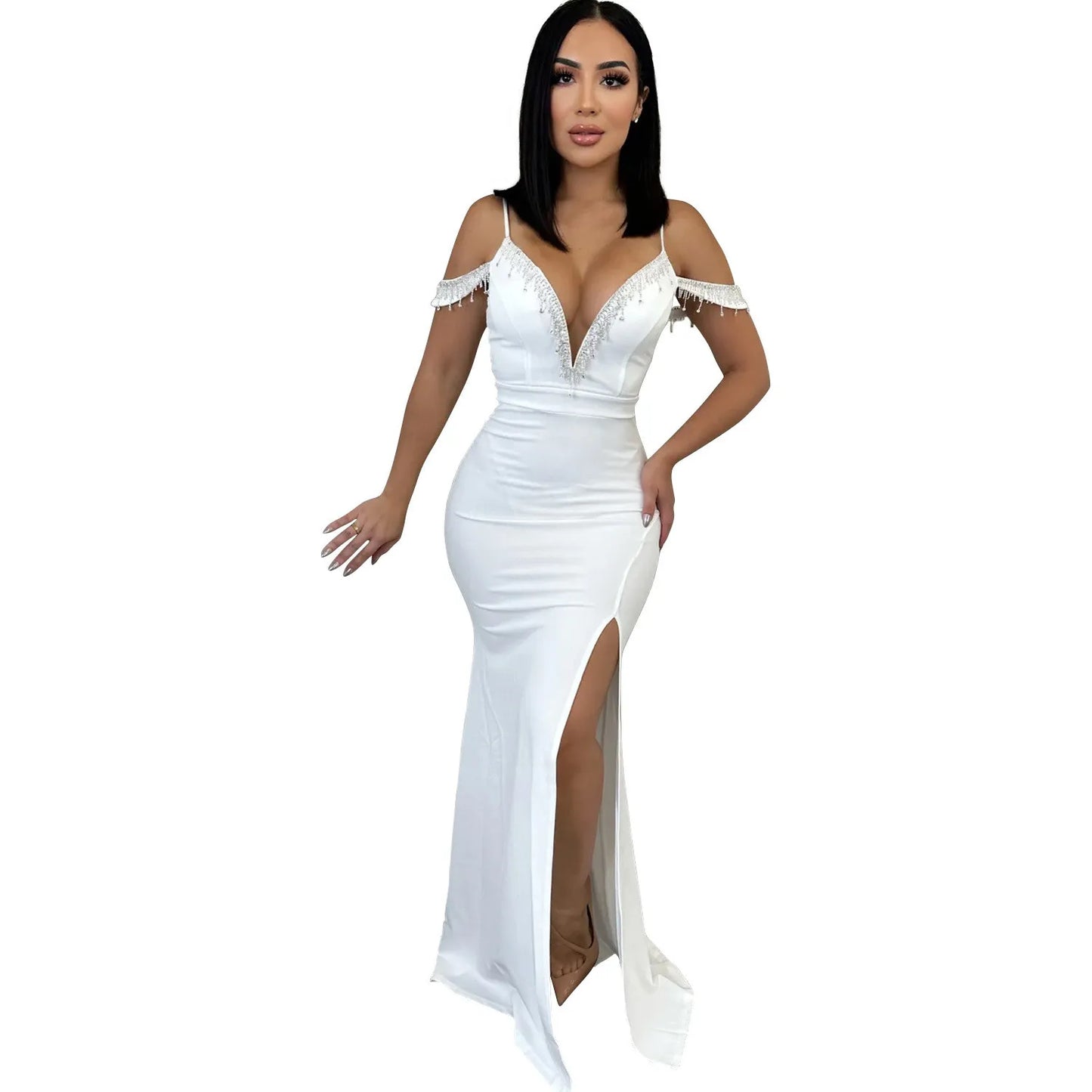 Robe longue à bretelles avec franges unies pour femme