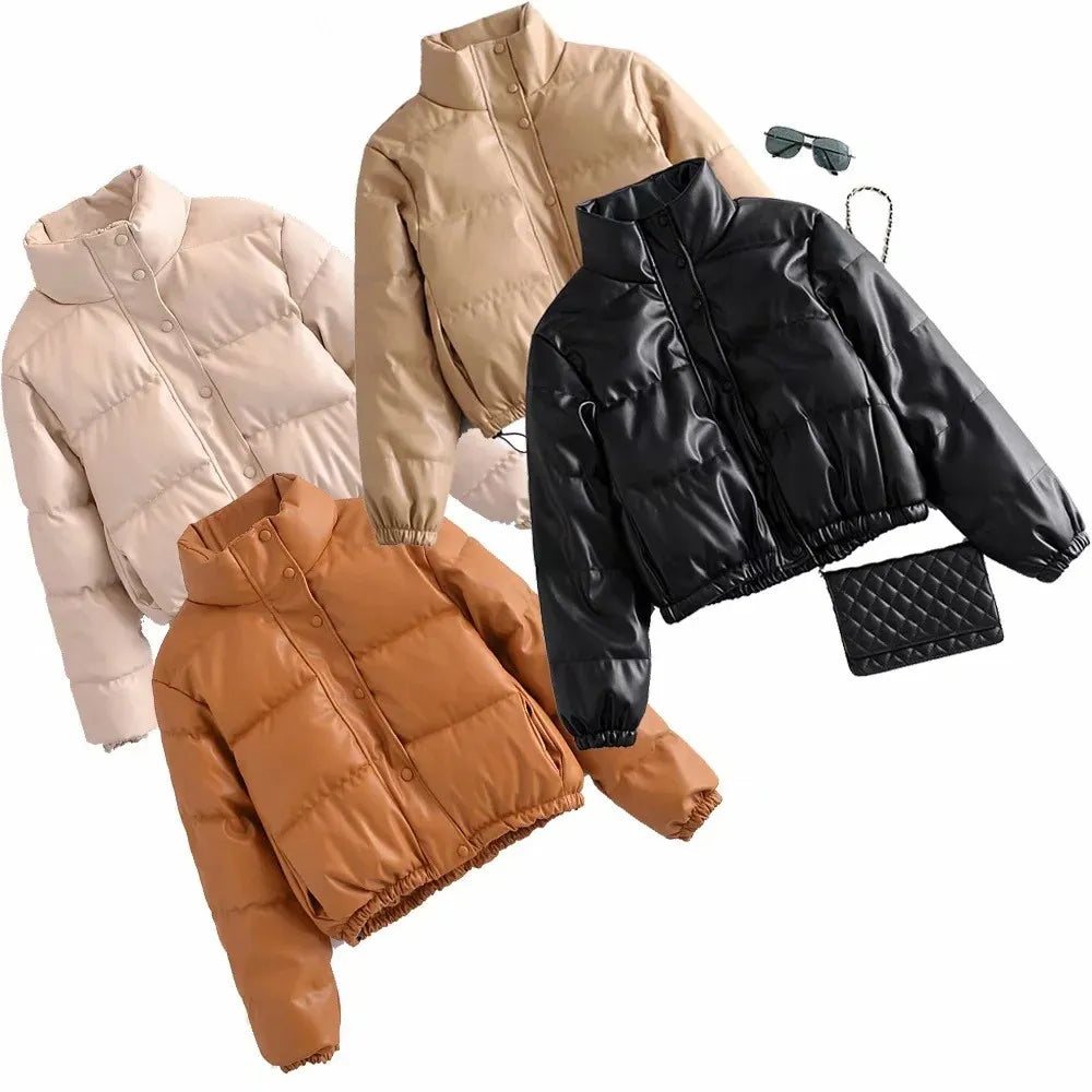 Veste en cuir décontractée unie rembourrée de coton avec col montant.