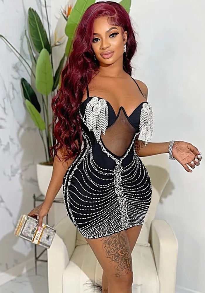Robe moulante tendance pour femmes en mesh de couleur unie, avec bretelles perlées et franges