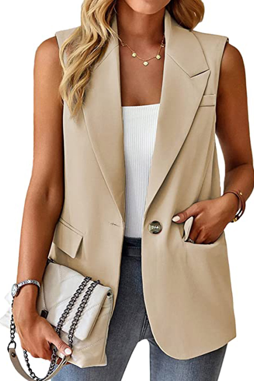 Veste blazer abricot à col à revers, poches et bouton unique