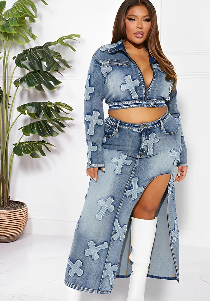 Ensemble jupe deux pièces en denim brodé et délavé, à l'allure sexy et hautement extensible pour femme