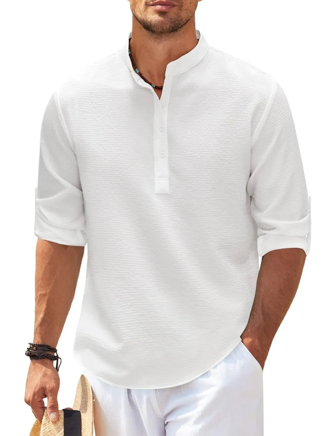 Chemise pour Homme à Manches Longues, Col Montant, Motif Ananas à Carreaux, Haut Décontracté