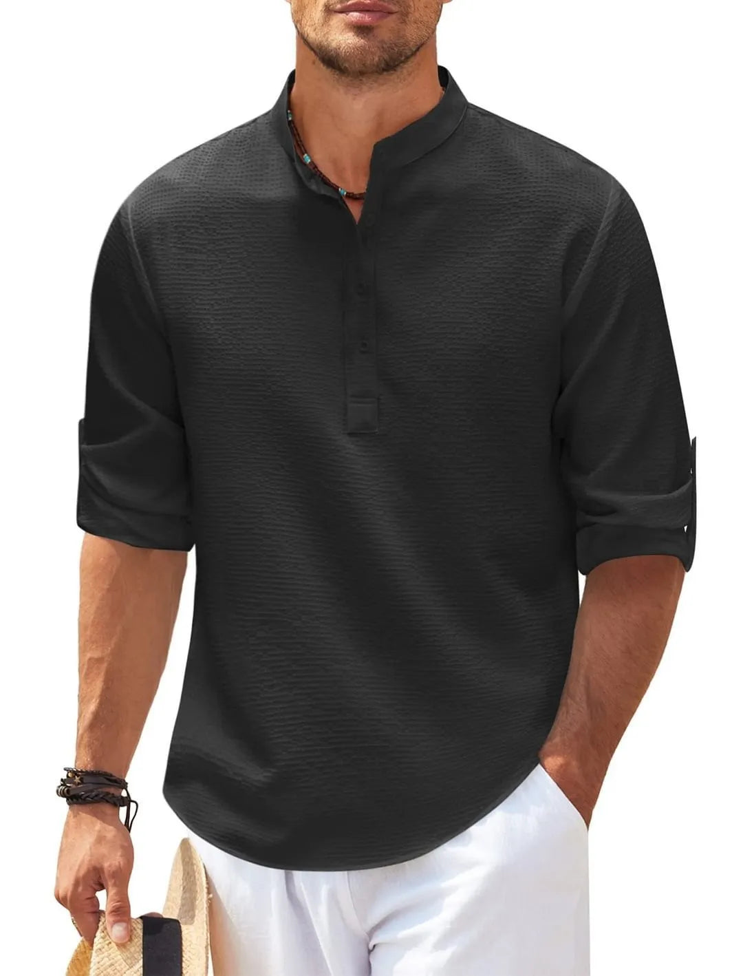Chemise pour Homme à Manches Longues, Col Montant, Motif Ananas à Carreaux, Haut Décontracté