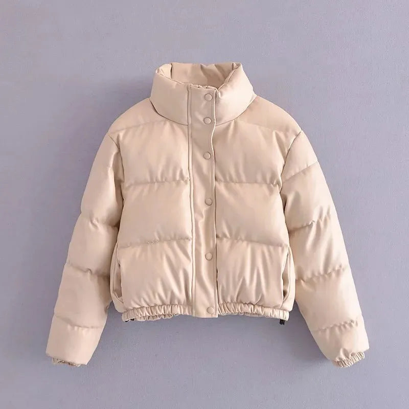 Veste en cuir décontractée unie rembourrée de coton avec col montant.