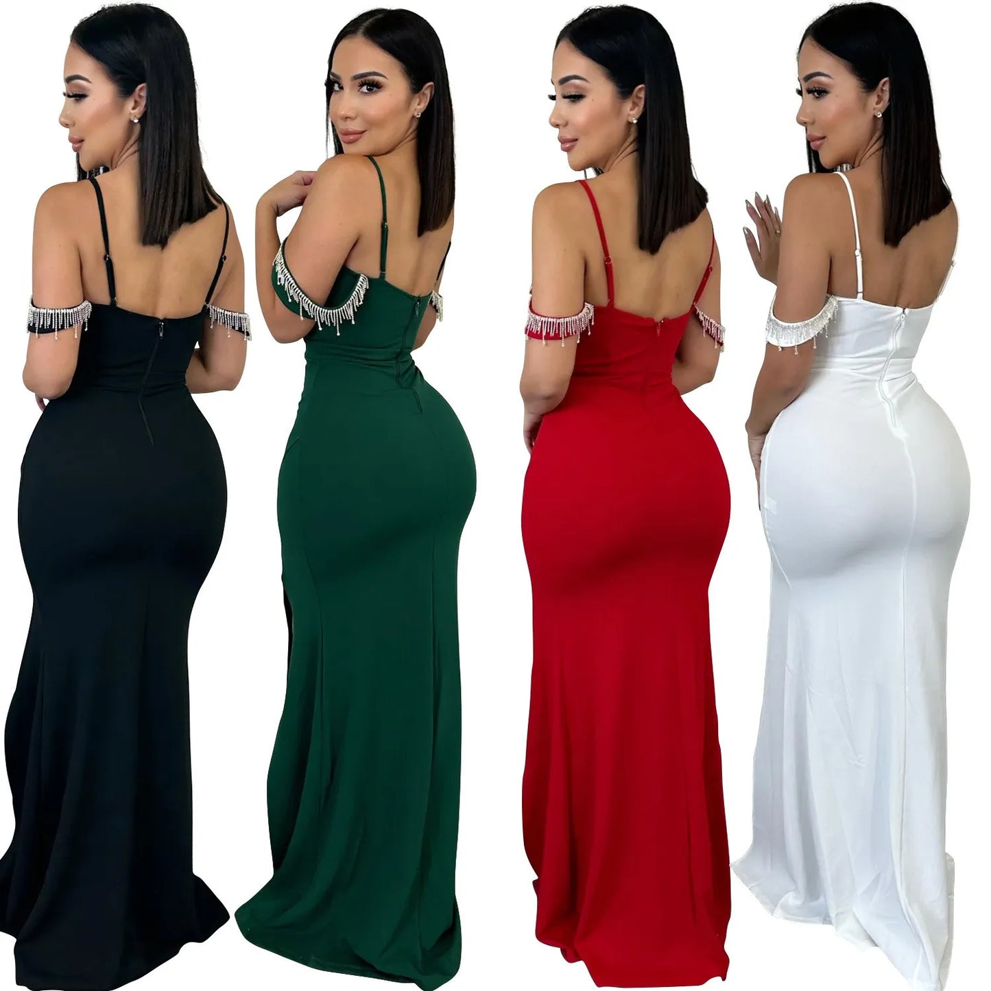Robe longue à bretelles avec franges unies pour femme