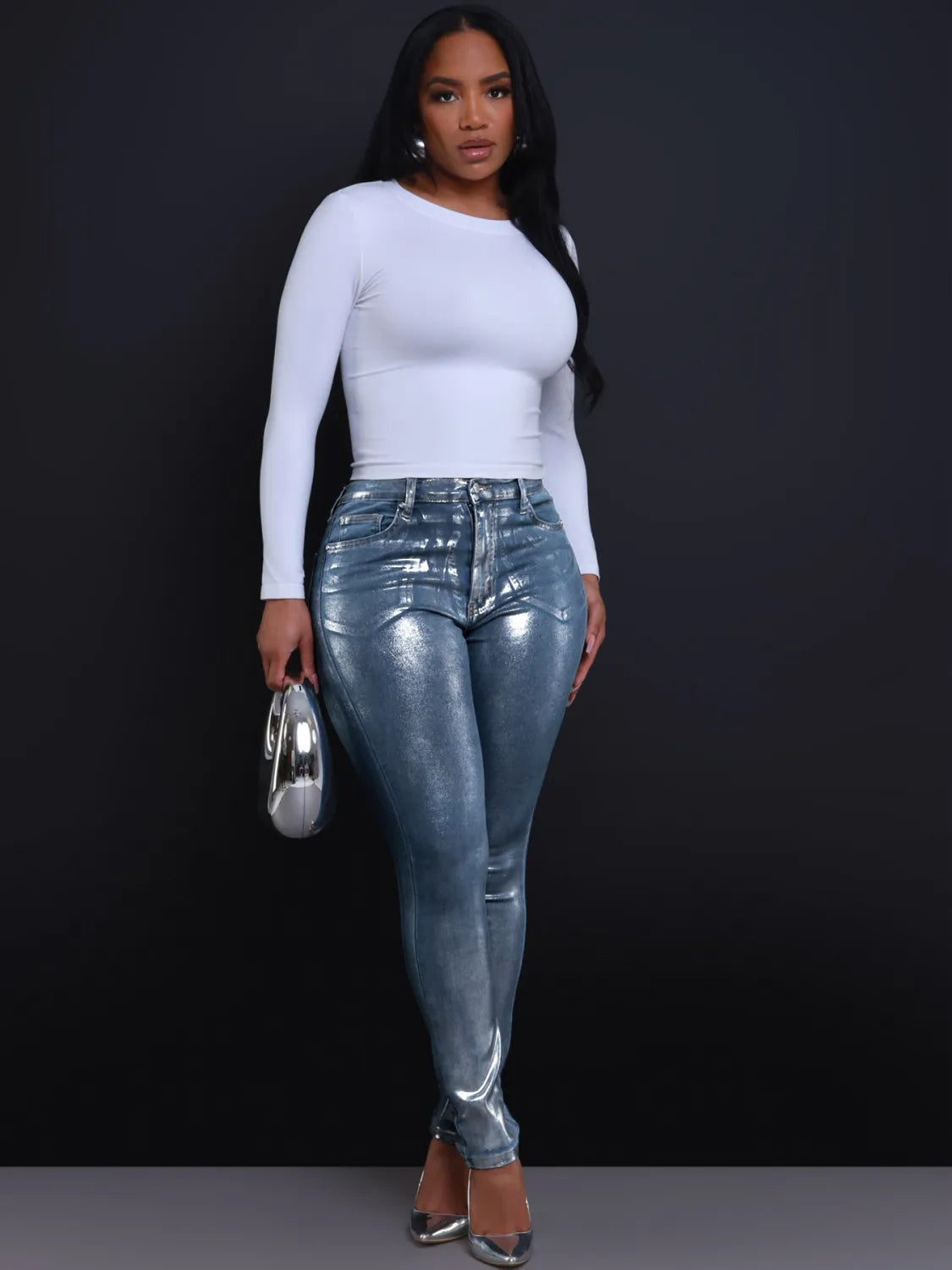 Pantalon en Denim Stretch Argenté Brillant