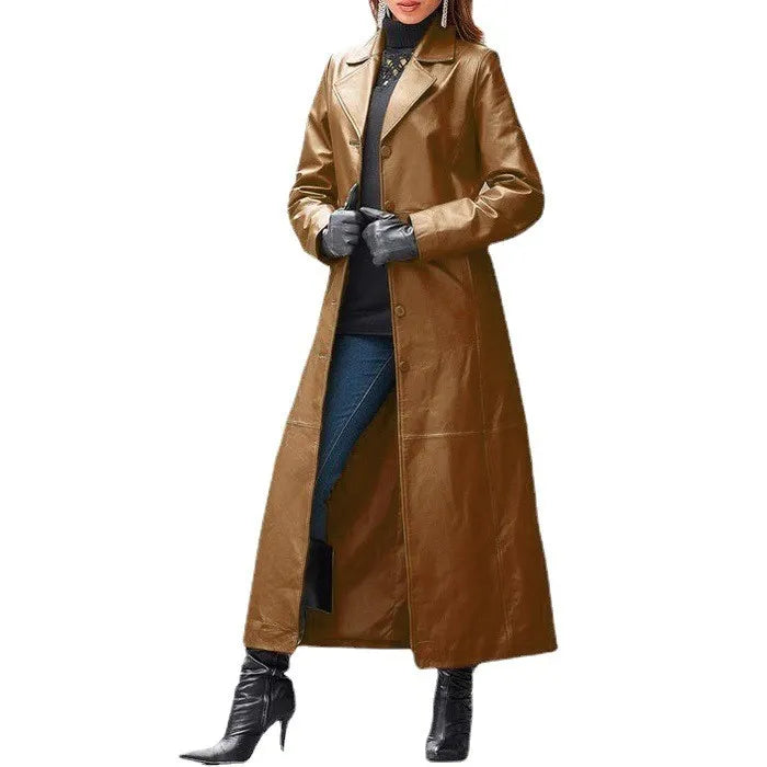 Veste en cuir pour femme à boutons, grande taille, coupe ajustée, manteau trench en cuir.