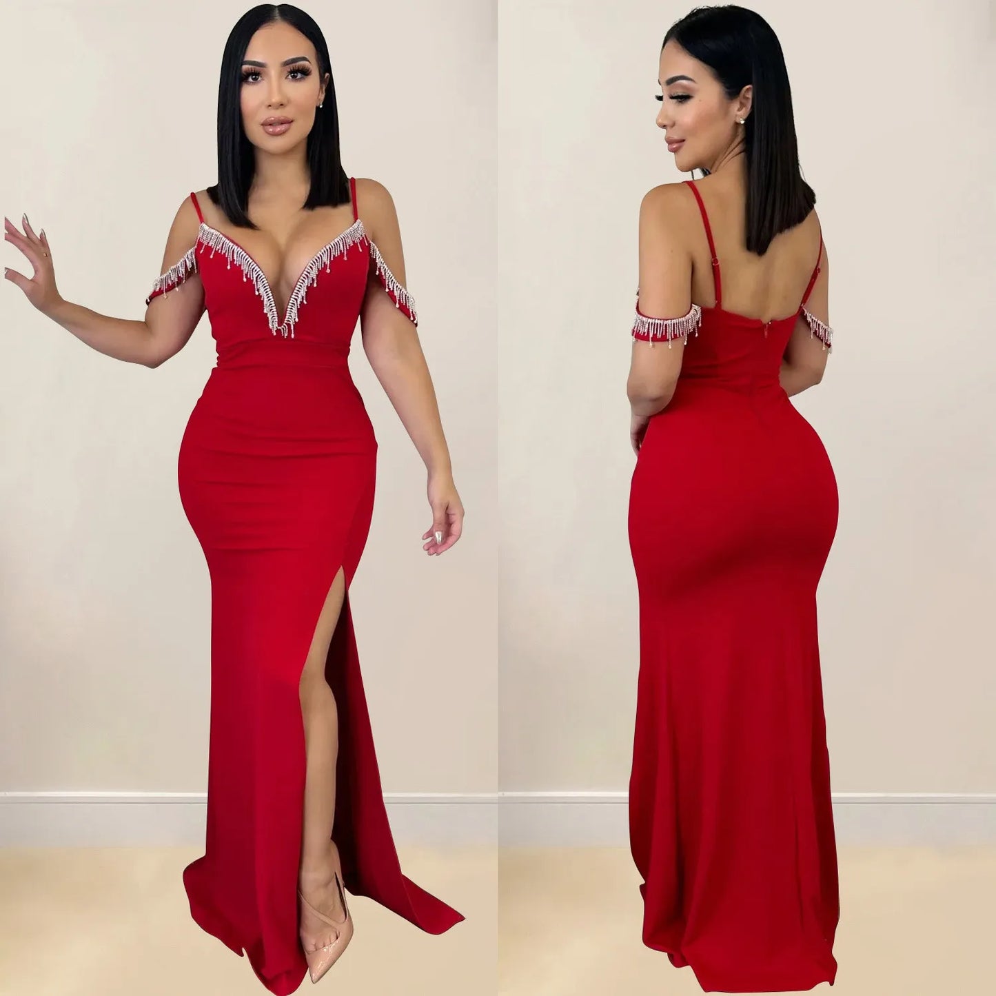 Robe longue à bretelles avec franges unies pour femme