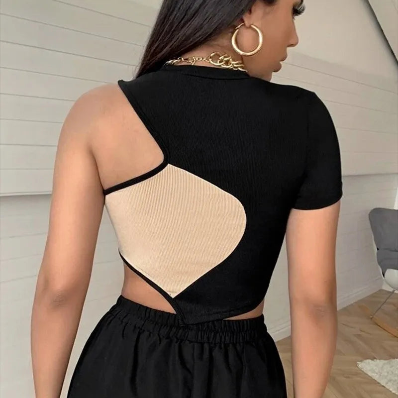 Top Court Ajusté en Côtelé pour Femme - Épaule Dénudée, Couleur Contrastante, Manches Courtes Sexy