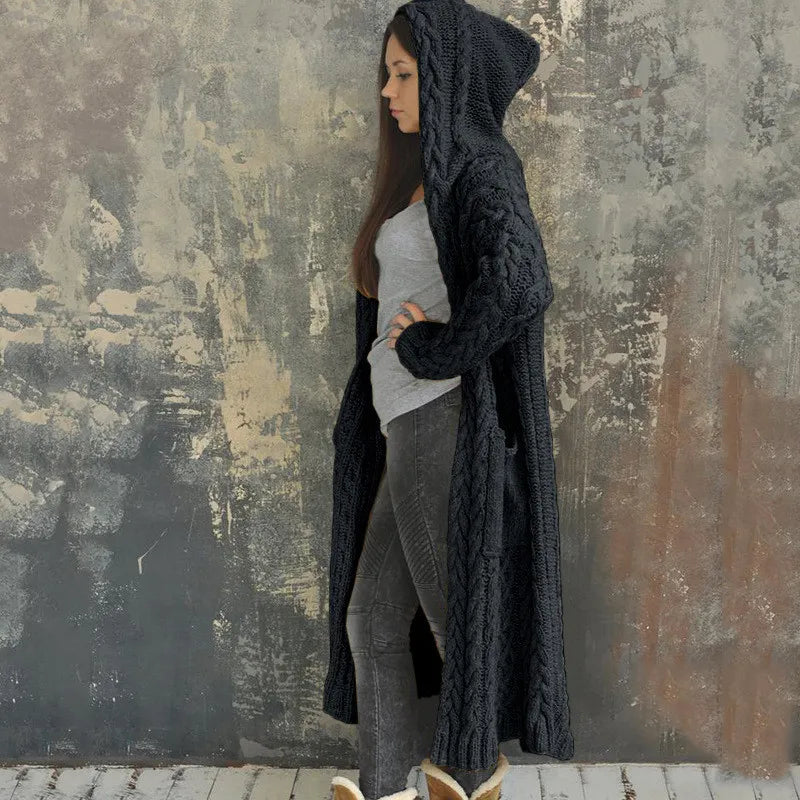 Cardigan long à capuche pour femmes en hiver