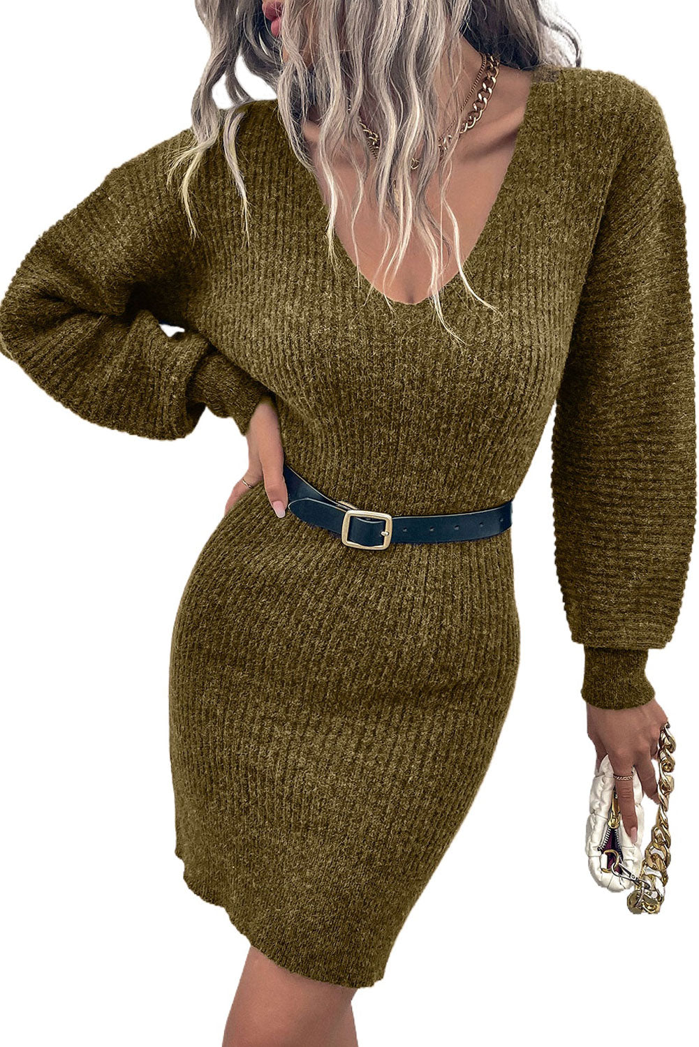 Robe pull moulante à col en V vert