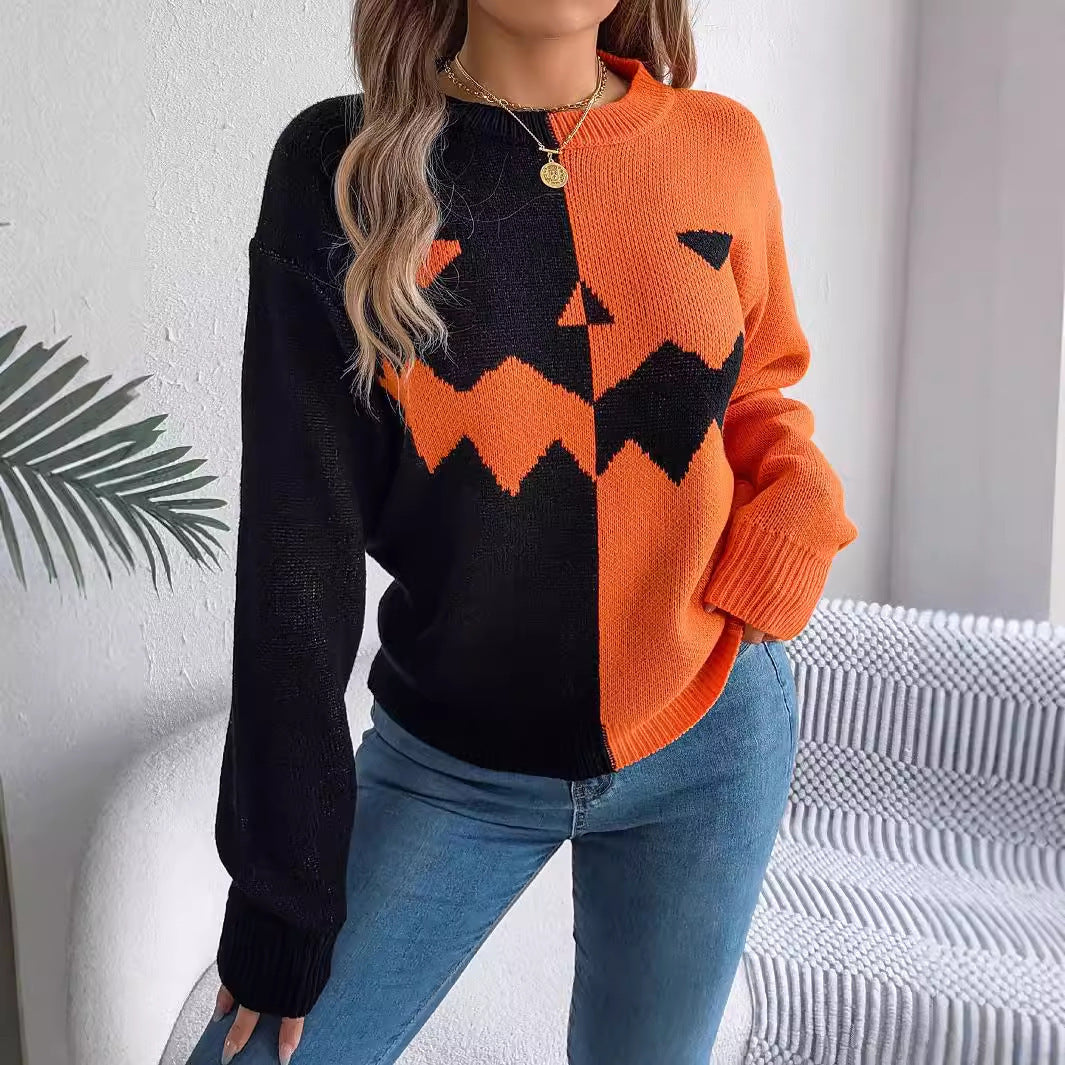 Pull à manches longues mode, pull à couleurs contrastées Halloween