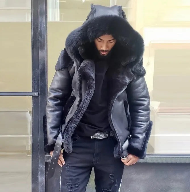 Manteau court homme en cuir PU avec capuche et doublure laine