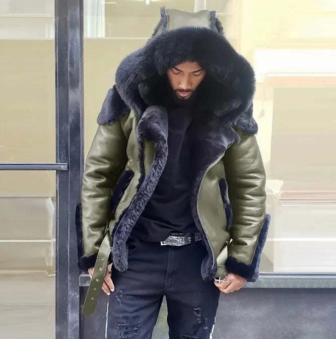 Manteau court homme en cuir PU avec capuche et doublure laine
