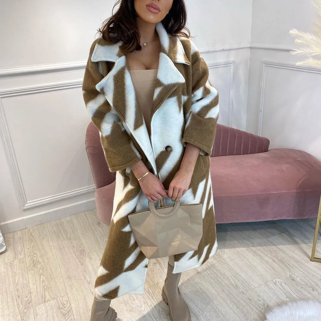 Veste pour femmes à manches longues et col en revers, motif à blocs de couleurs