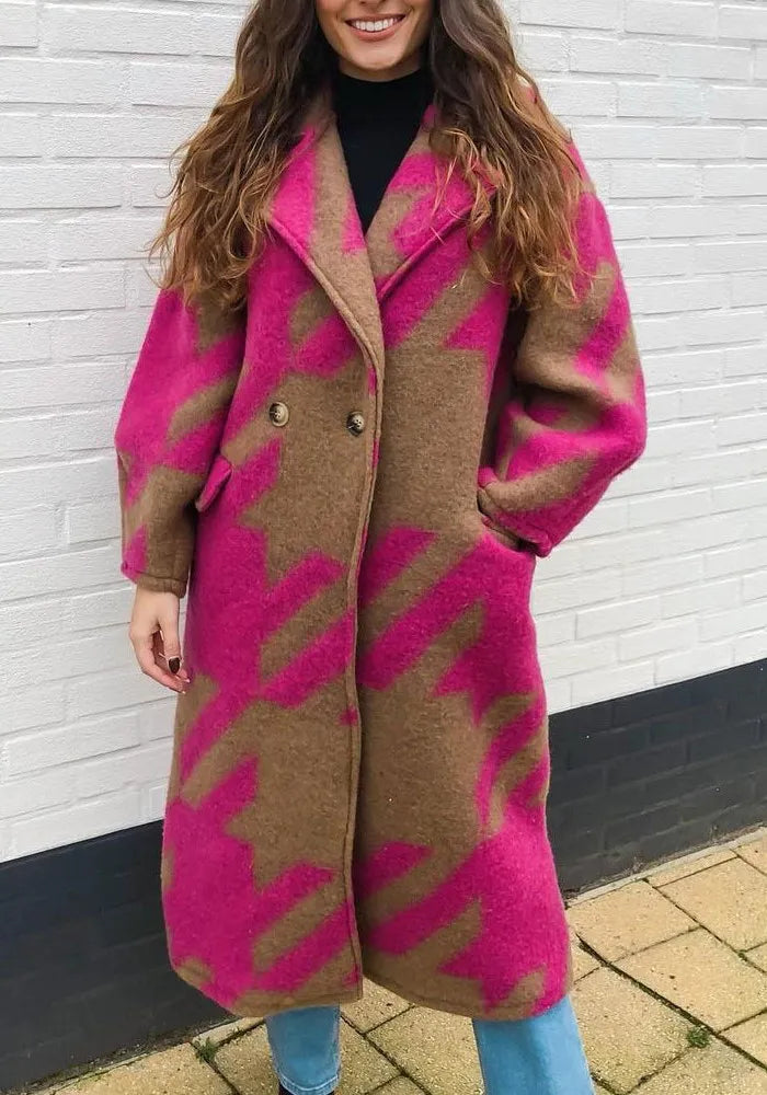 Veste pour femmes à manches longues et col en revers, motif à blocs de couleurs